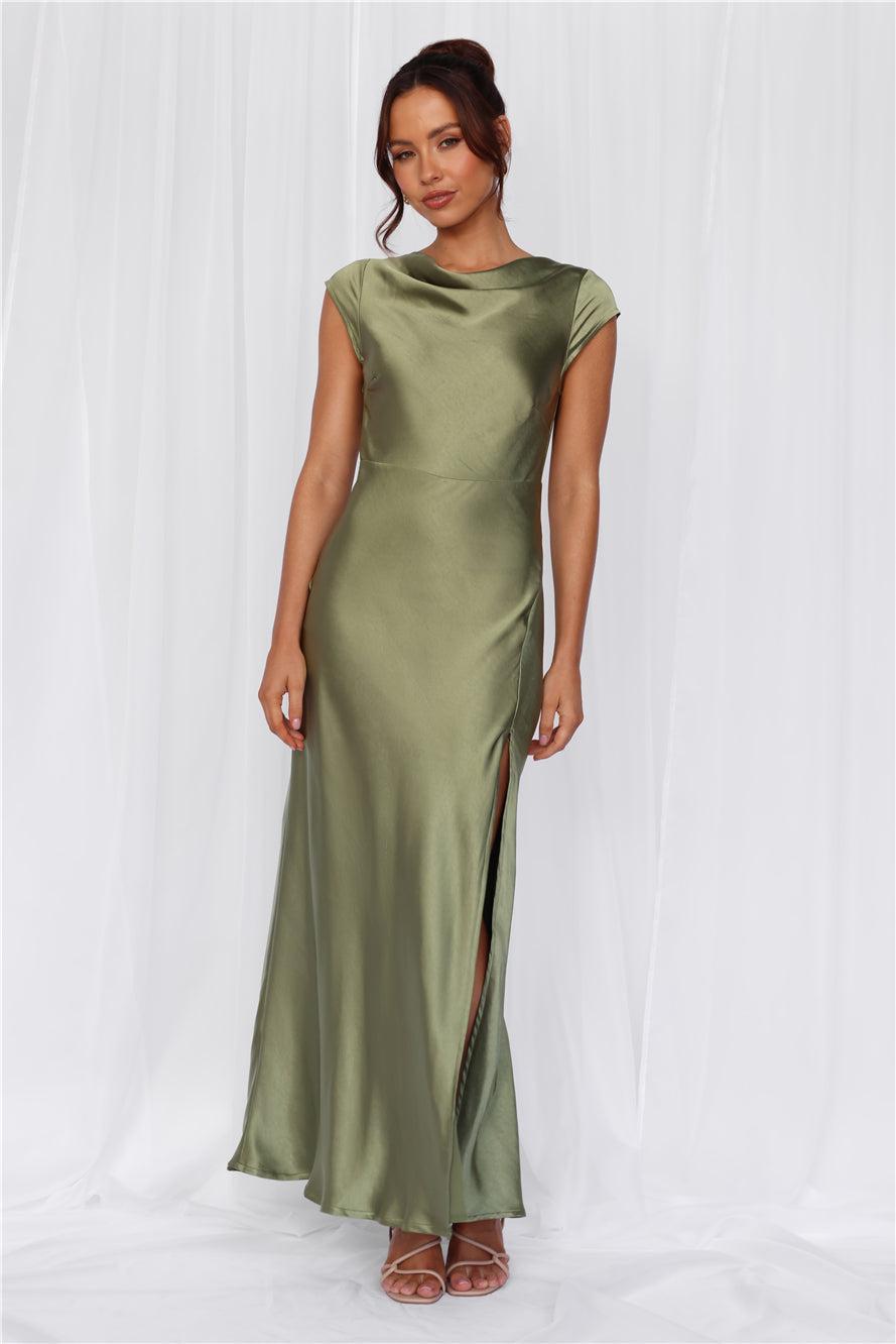 HELLO MOLLY The Valentina Cap Sleeve Satin Maxi Dress Olive Product Image