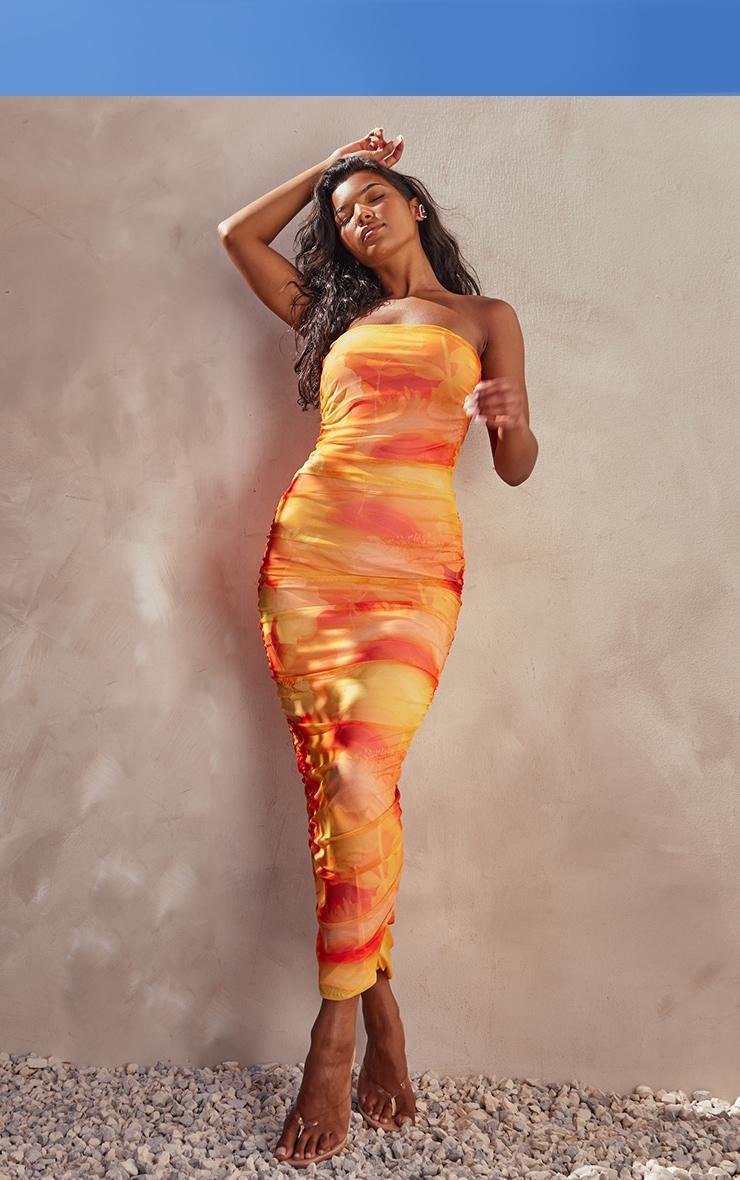 Orange Floral Mesh Bandeau Ruched Maxi Dress Product Image