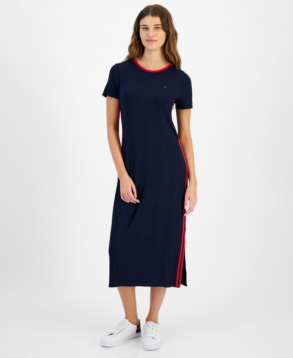 Tommy Hilfiger Womens Contrast-Stripe Ribbed Knit Midi Dress Product Image