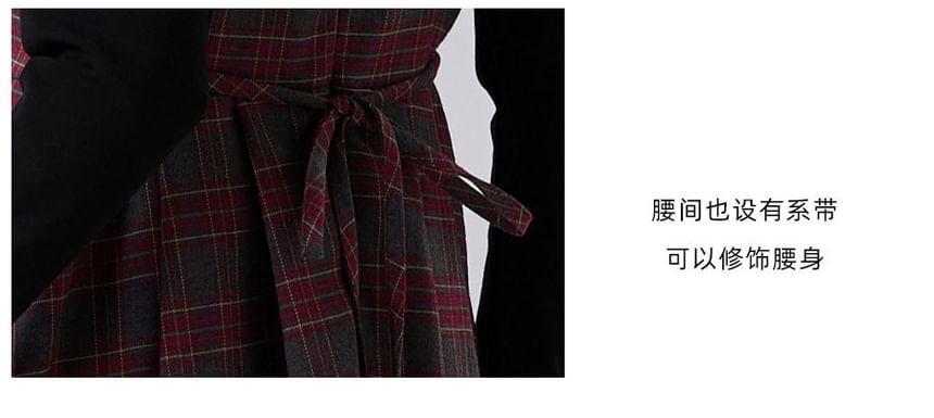 Sleeveless Peter Pan Collar Plaid Bow Accent Lace Trim Midi A-Line Dungaree Dress Product Image