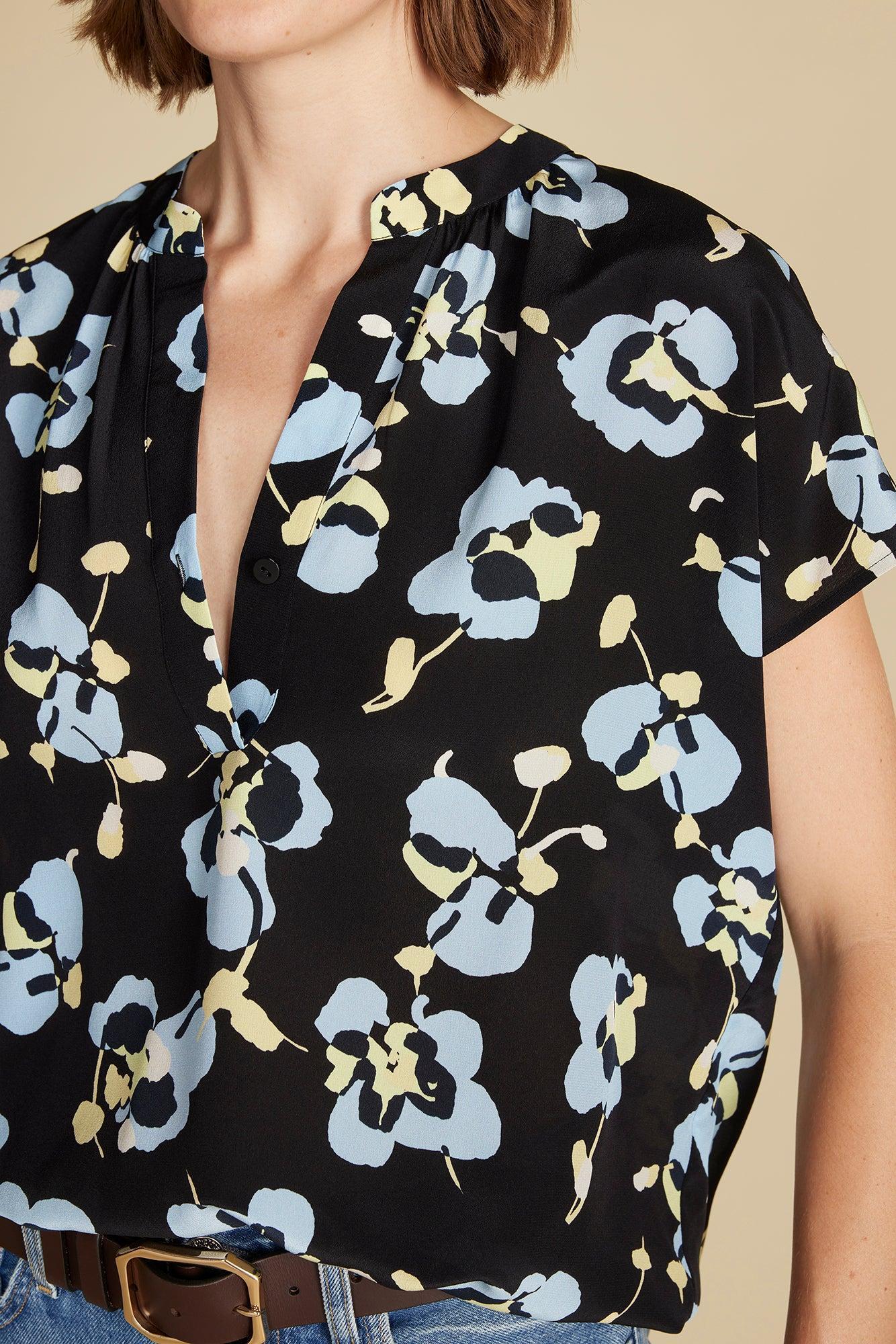 Renata Washable Silk Blouse - Black Pensee Floral Print Product Image