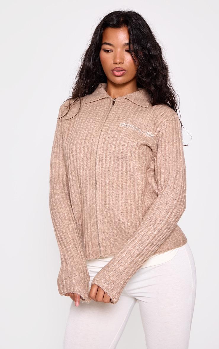 PRETTYLITTLETHING Taupe Rib Knit Collar Detail Zip Up Cardigan product image