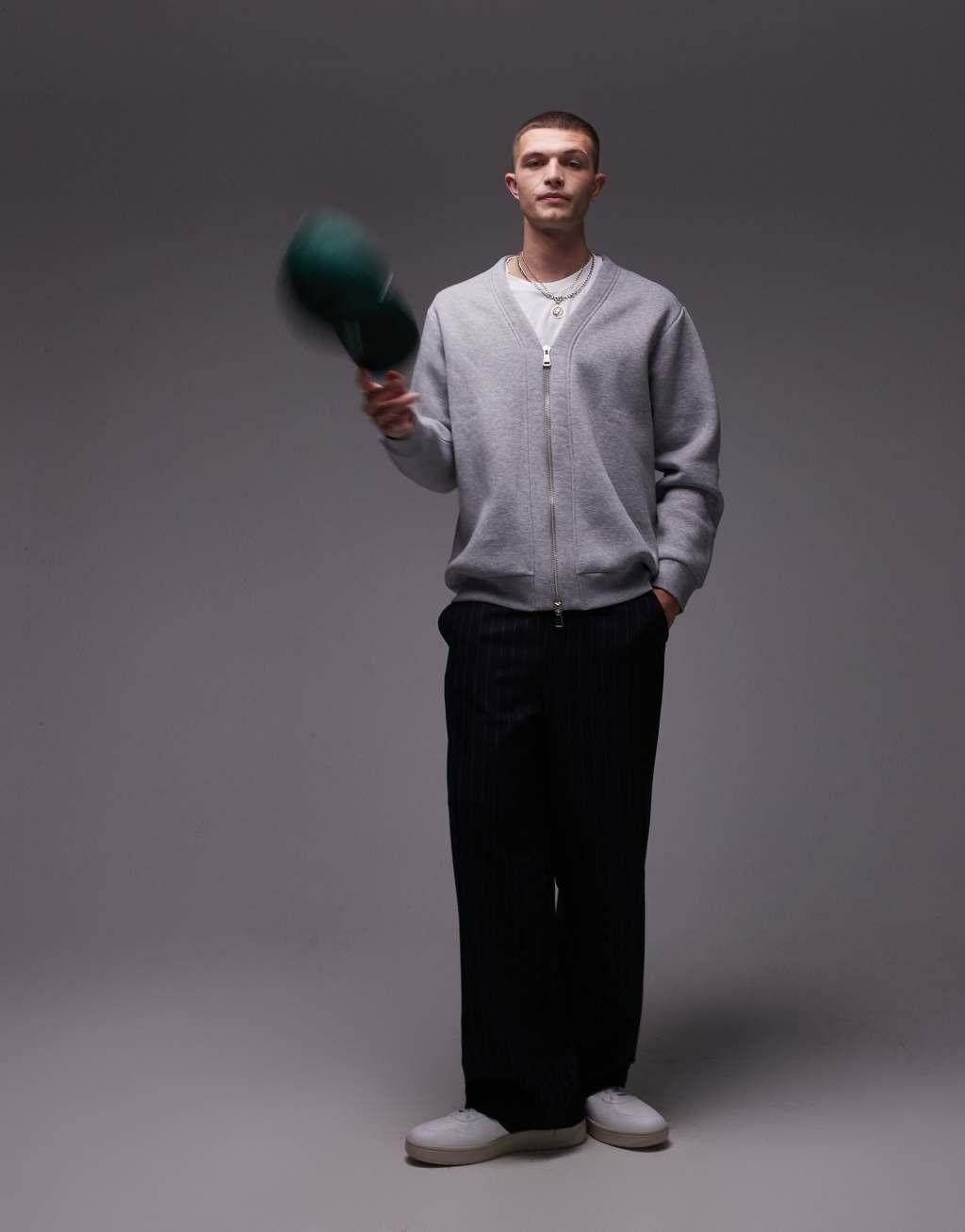 Topman oversized fit v neck zip through in gray heather Product Image