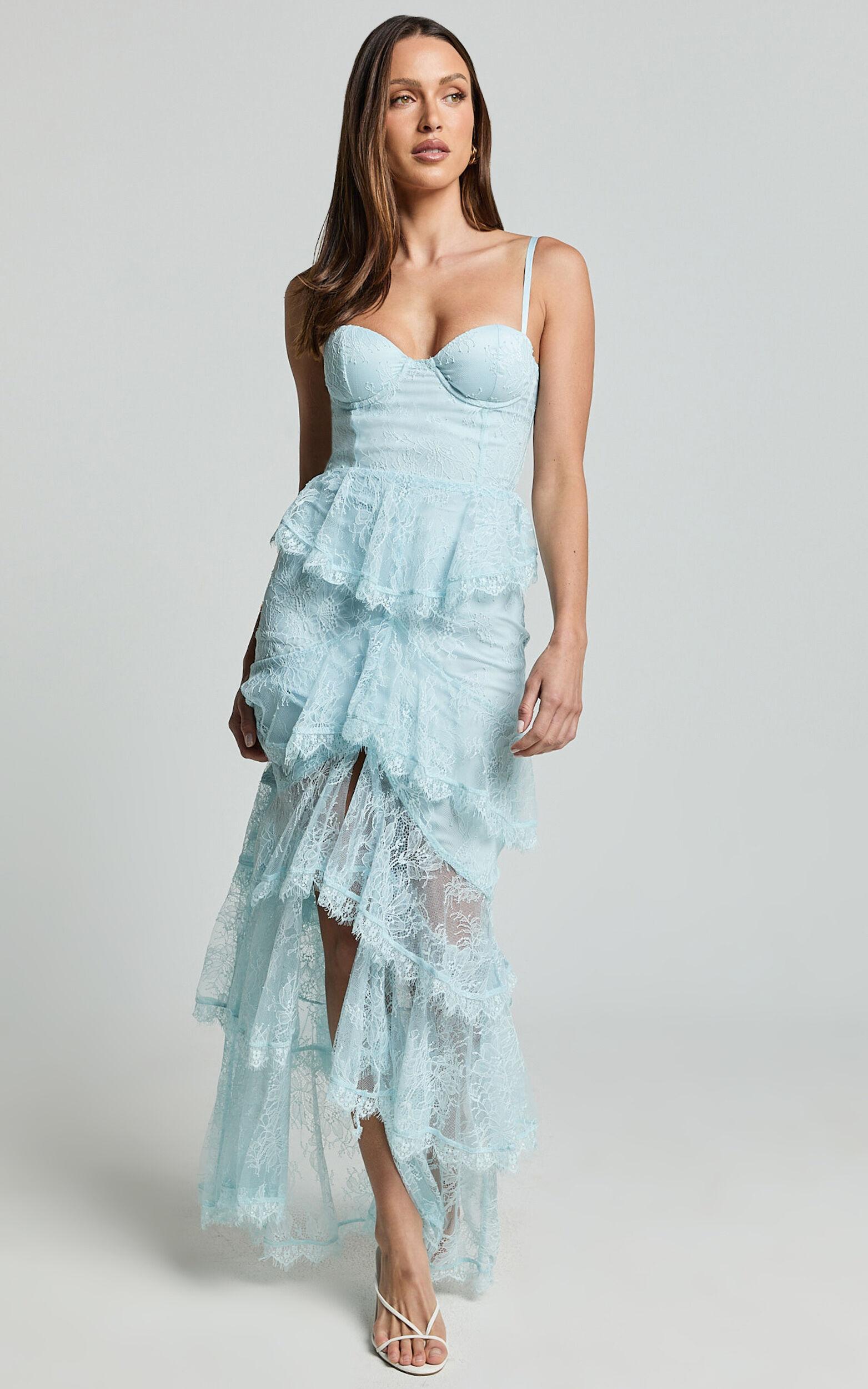 Merrick Maxi Dress - Sweetheart Corset Front Tiered Maxi Dress in Ice Blue Product Image