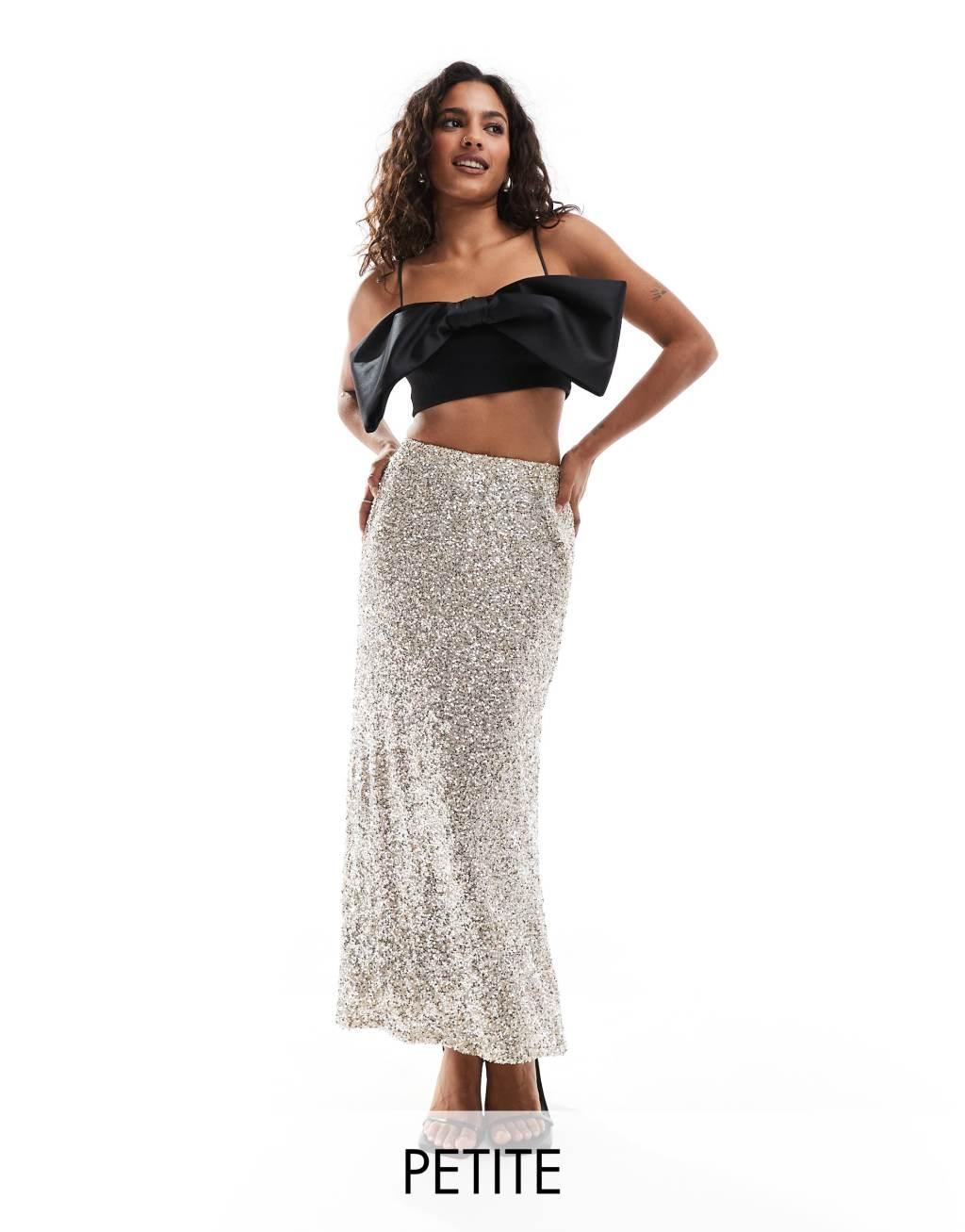 Never Fully Dressed Petite sequin maxi skirt in silver Product Image