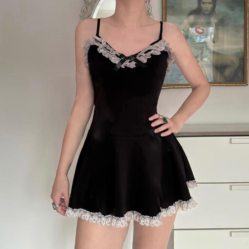 Sleeveless V-Neck Lace Trim Mini A-Line Dress Product Image