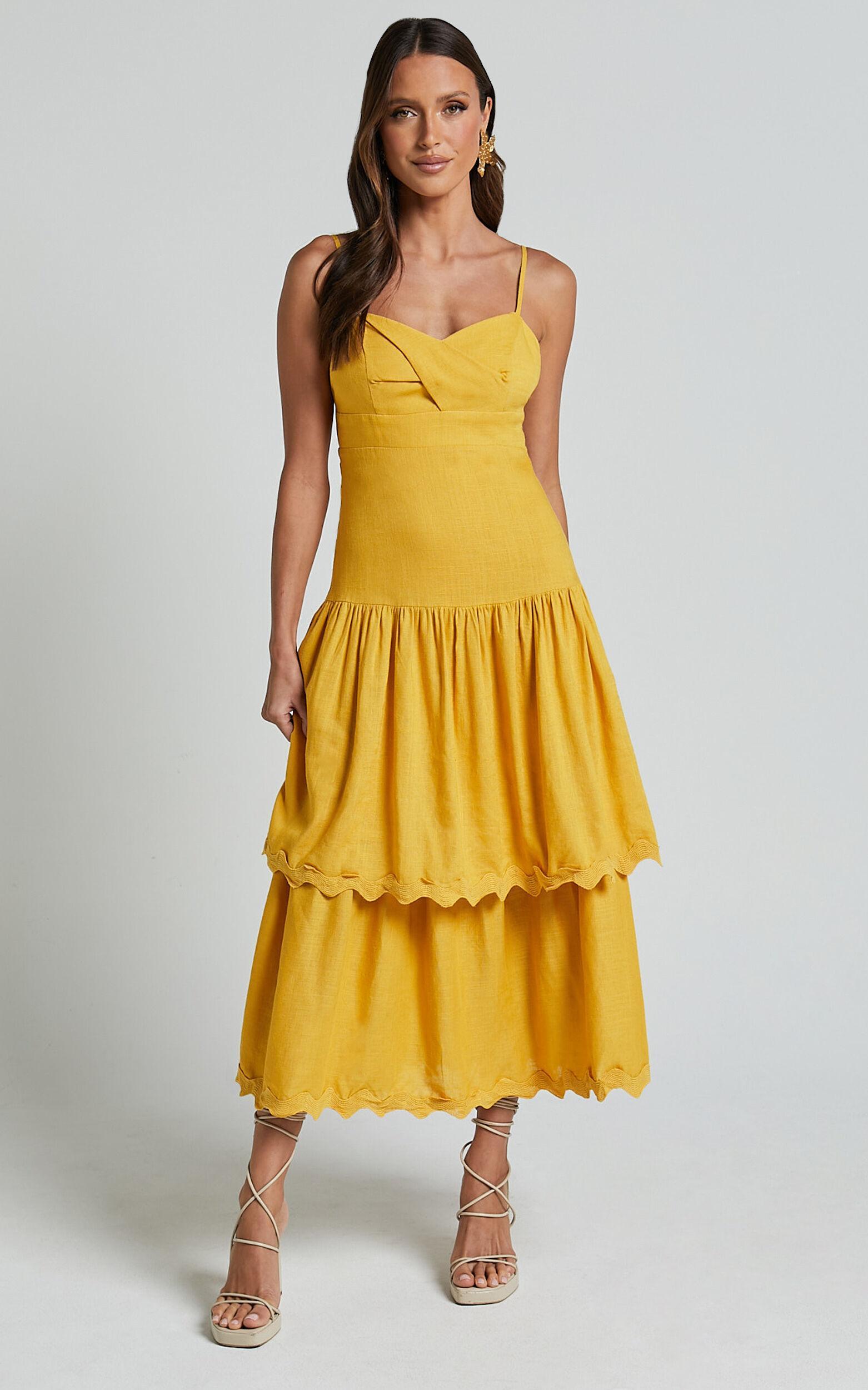 Amalie The Label - Cameo Linen Blend Low Back Tiered Midi Dress in Warm Yellow Gold Product Image