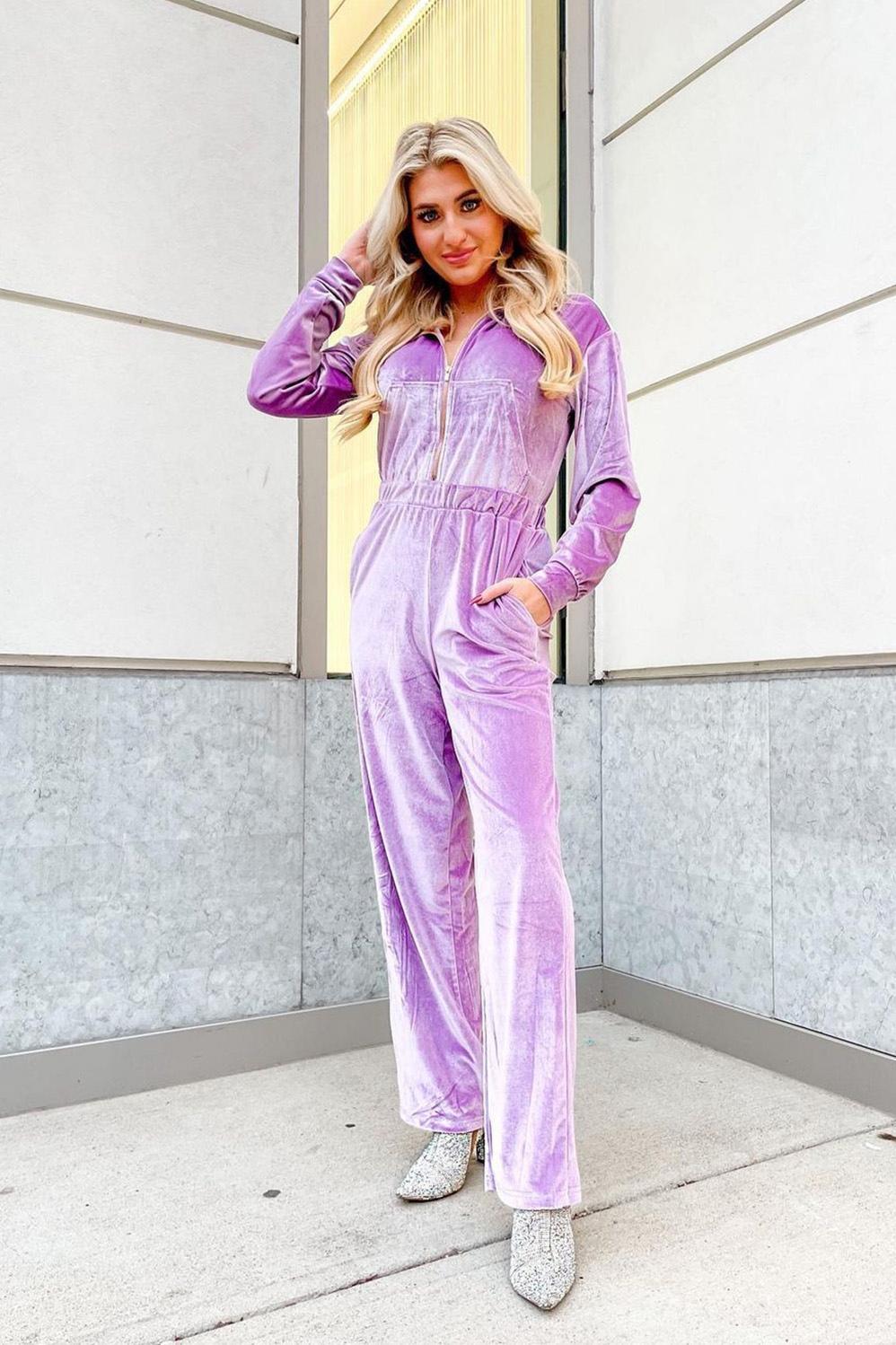 Fabletics Velour Zip-Up Wide Leg Onesie Womens purple plus Size 4X Product Image