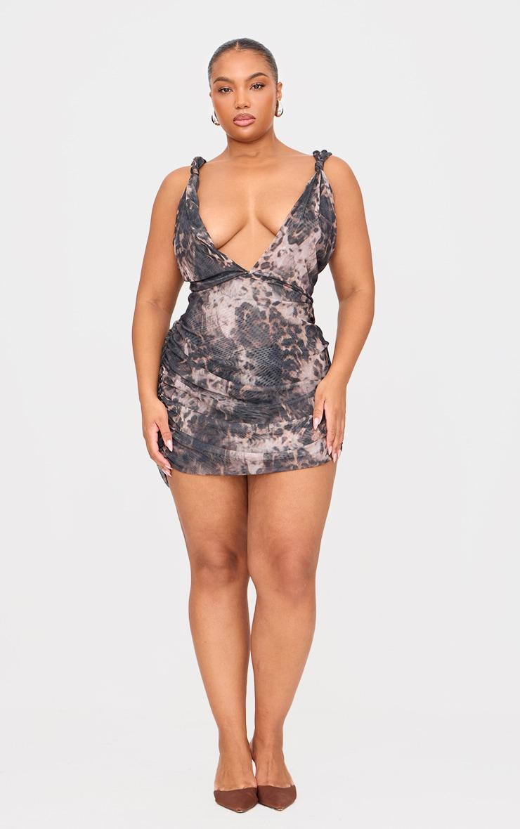 Plus Grey Leopard Double Layer Slinky Mesh Panel Bodycon Dress Product Image