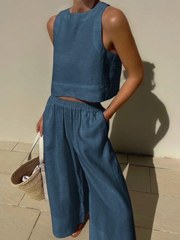 Solid Color Round-Neck Sleeveless Vest + Elasticity Wide Leg Pants Two Pieces Set Product Image