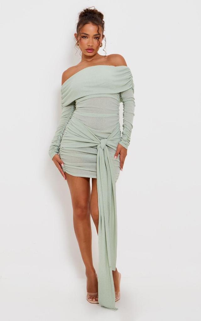 Petite Sage Green Bardot Slinky Extreme Ruched Mini Dress Product Image