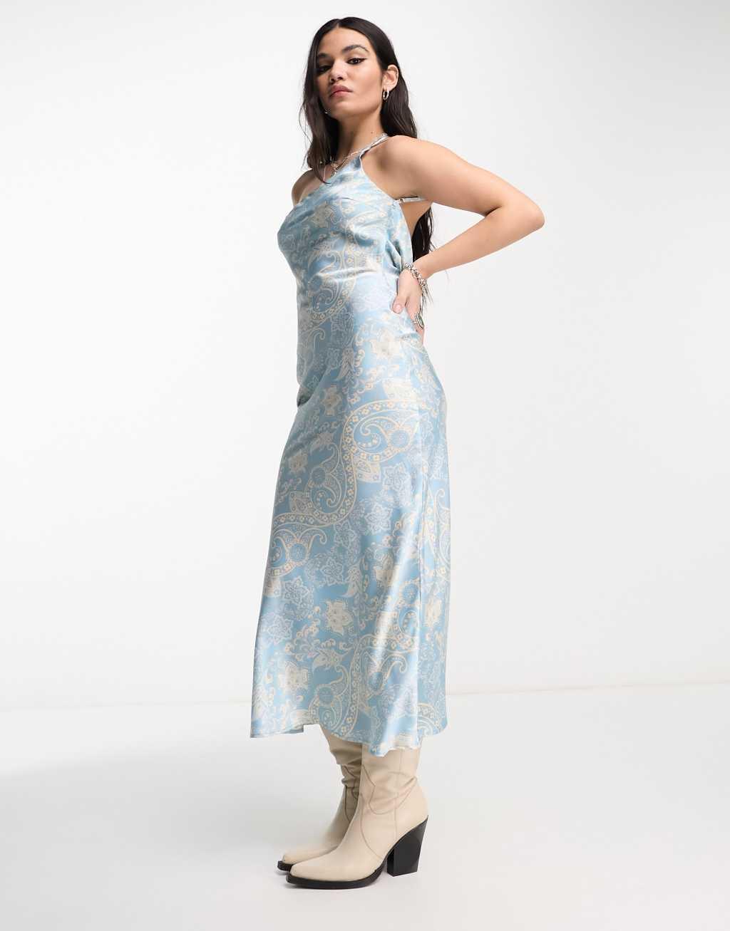 Emory Park satin paisley print one shoulder midaxi dress in blue product image