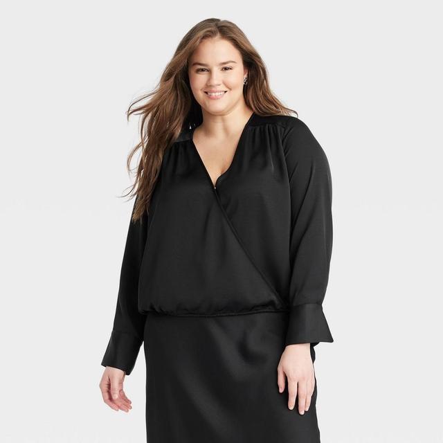 Womens Long Sleeve V-Neck Wrap Blouse - A New Day Black 4X Product Image