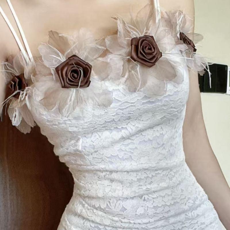 Spaghetti Strap Flower Detail Lace Mini Bodycon Dress Product Image