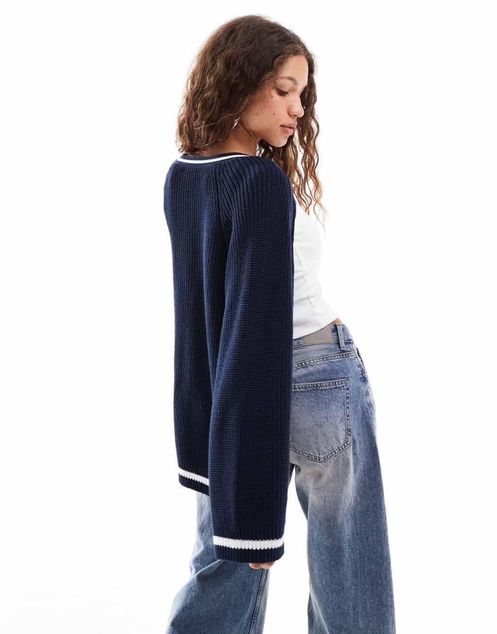 Monki cable knit boxy button front cardigan in navy stripe Product Image