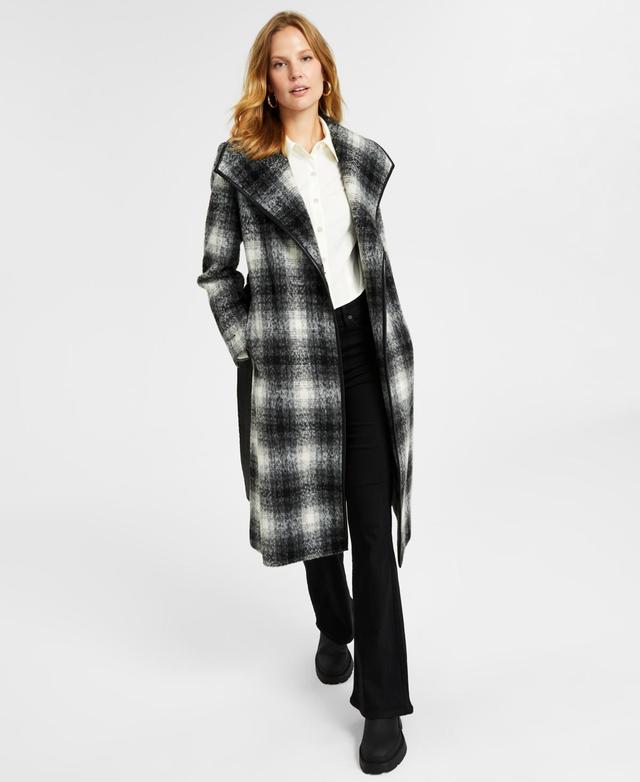 Tahari Womens Plaid Long-Sleeve Belted Wrap Coat Product Image