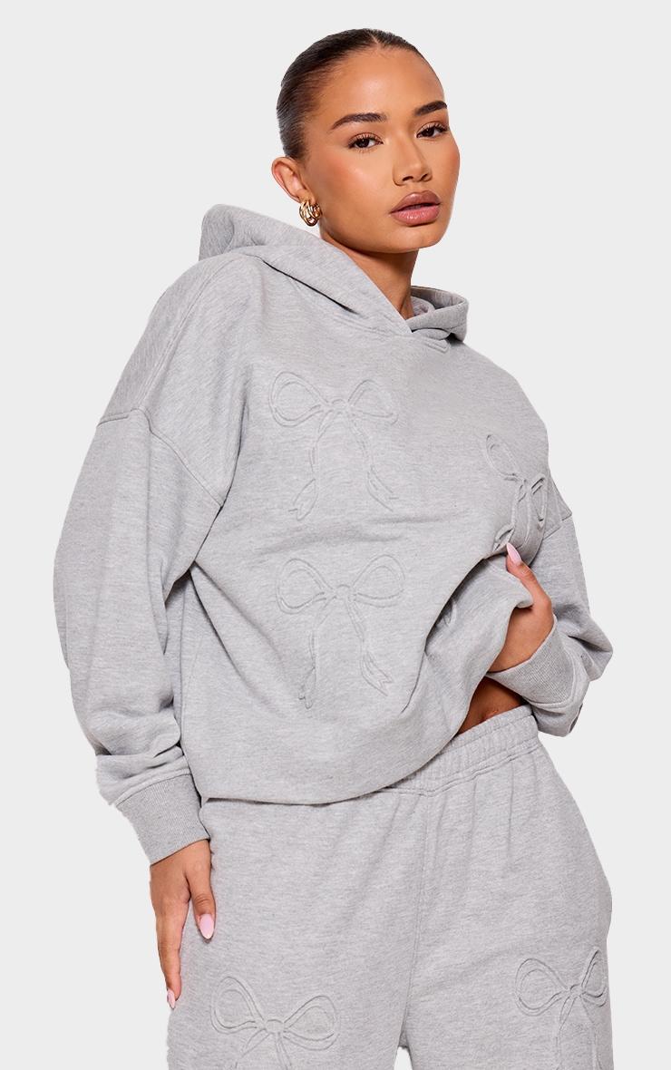 Petite Grey Marl Embossed Bow Detail Hoodie Product Image