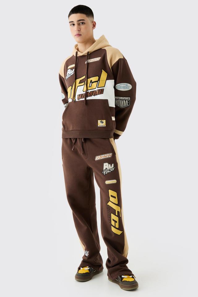 Mens Brown Oversized Boxy Applique Moto Hooded Tracksuit, Brown Product Image