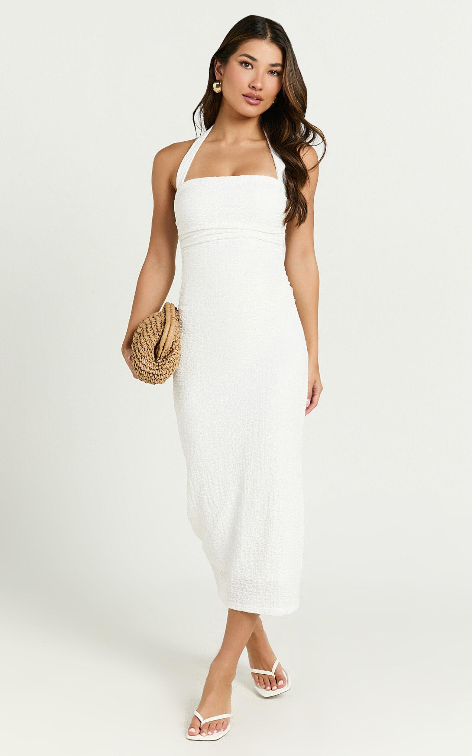 Lila Maxi Dress - Halterneck Ruched Bodycon Dress in Off White Product Image