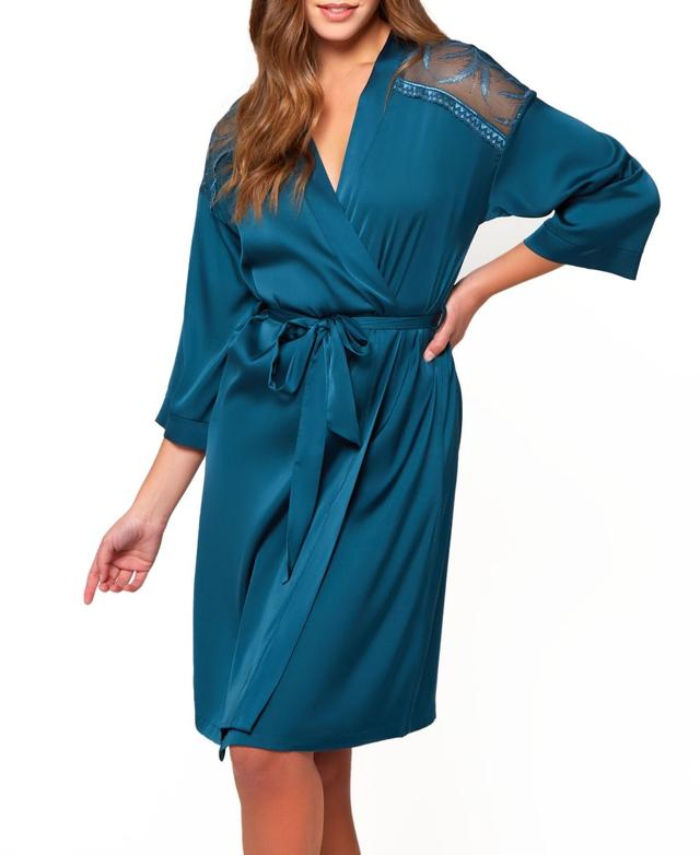 Icollection Women's Marguerite Stretch Satin Robe With Elegantly Embroidered Lace On Mesh At The Shoulders. Designed With Looped Self Tie Sash And Product Image