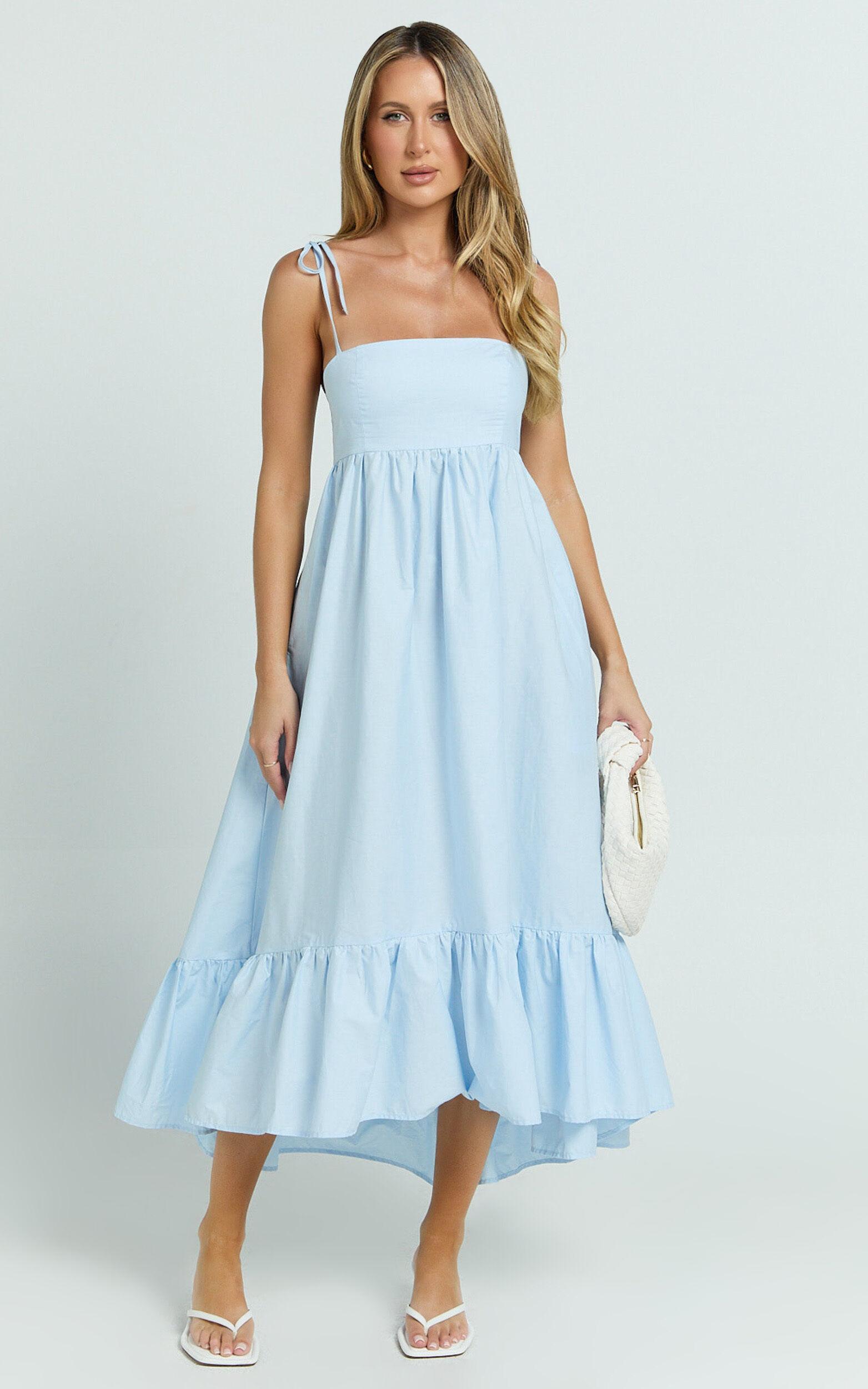 Aveiro Midi Dress - Straight Neck Shoulder Tie High Low Ruffle Hem in Soft Blue Product Image