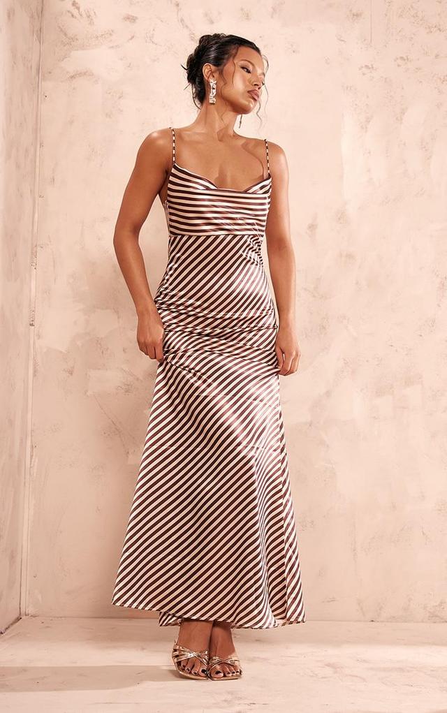 Brown Striped Satin Cowl Neck Maxi Dress Product Image