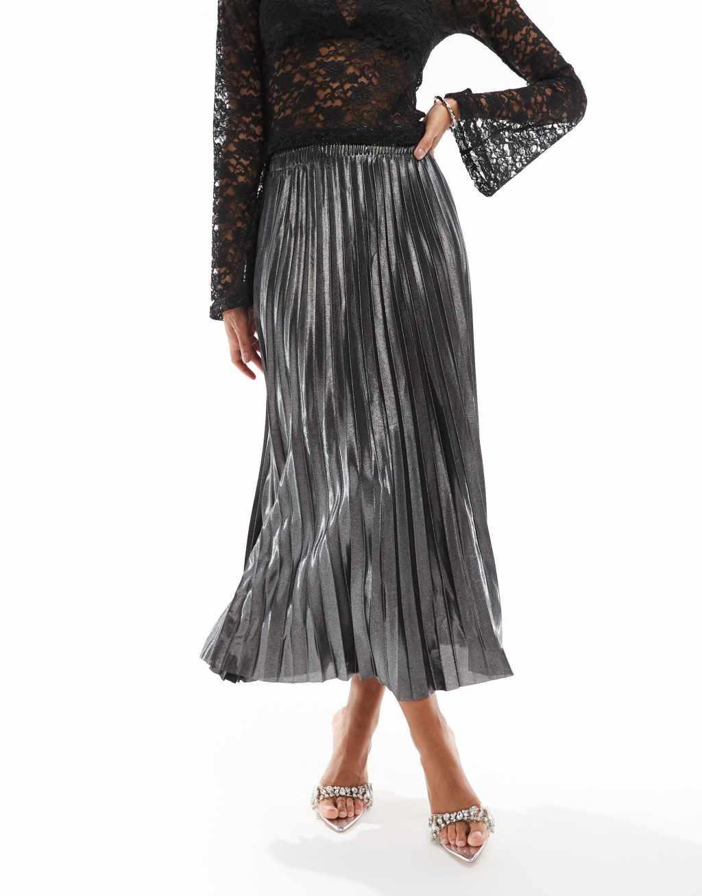 ONLY pleated maxi skirt in gray metallic Product Image