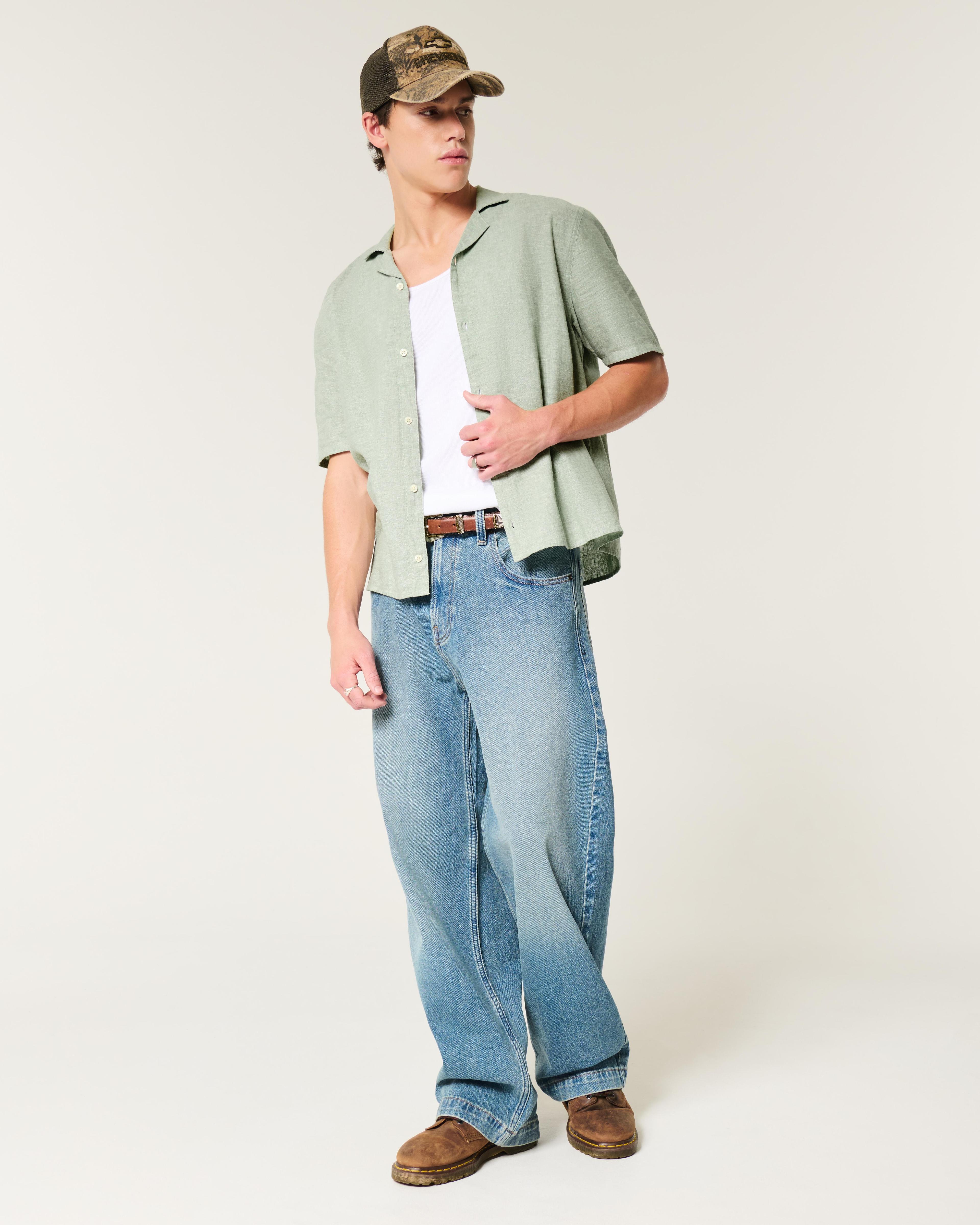 Boxy Short-Sleeve Linen-Blend Shirt Product Image