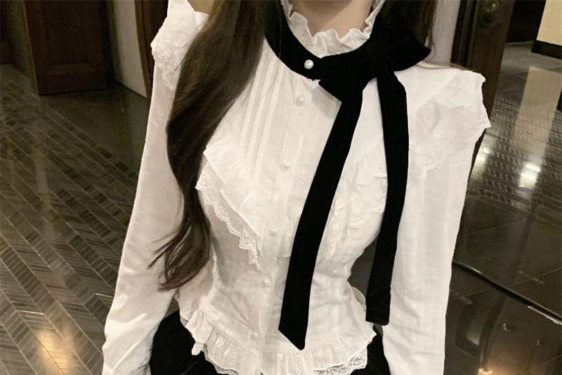 Plain Bow Lace Trim Blouse Product Image