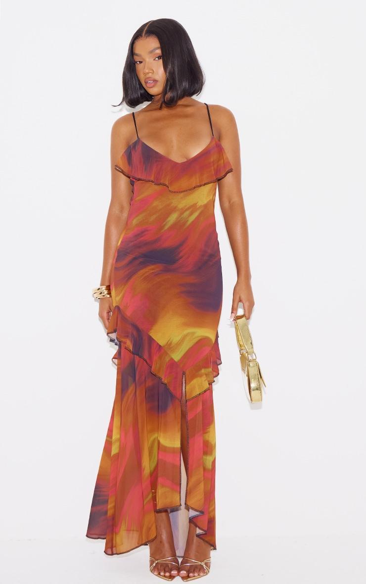 Brown Print Frill Strappy Maxi Dress product image