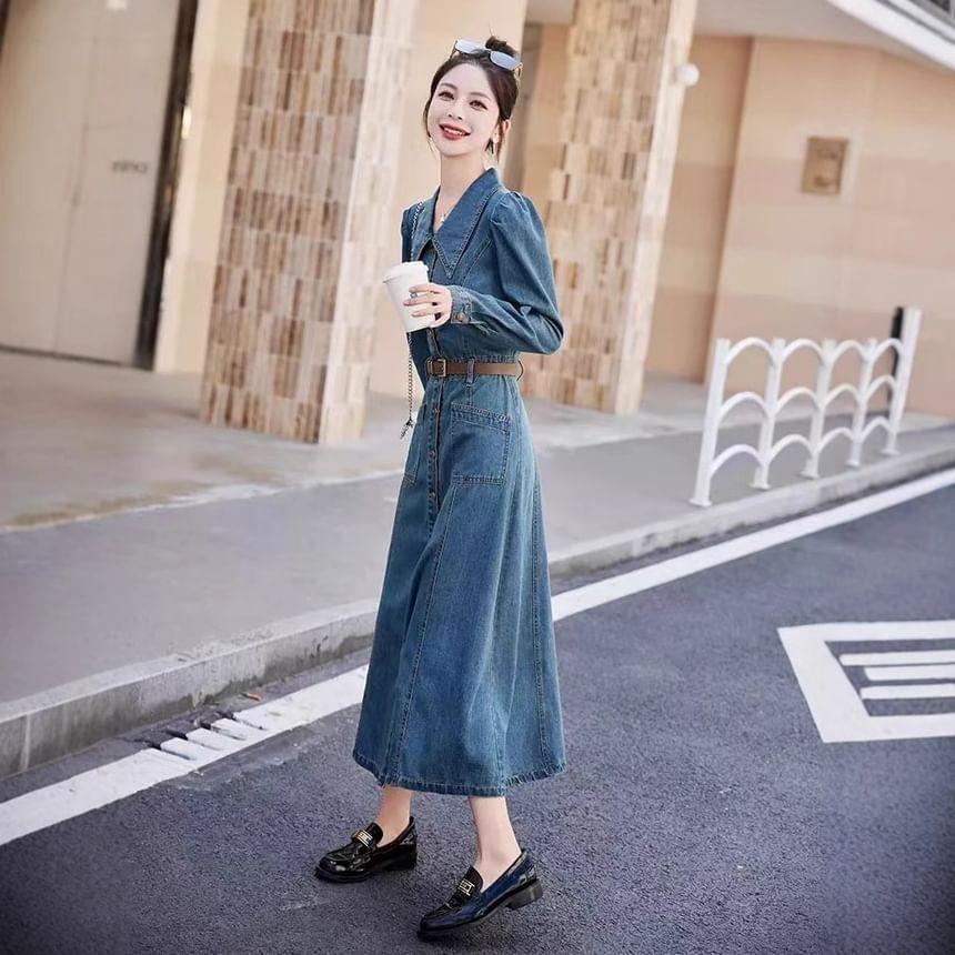 Long-Sleeve Washed Denim Maxi A-Line Shirt Dress Product Image