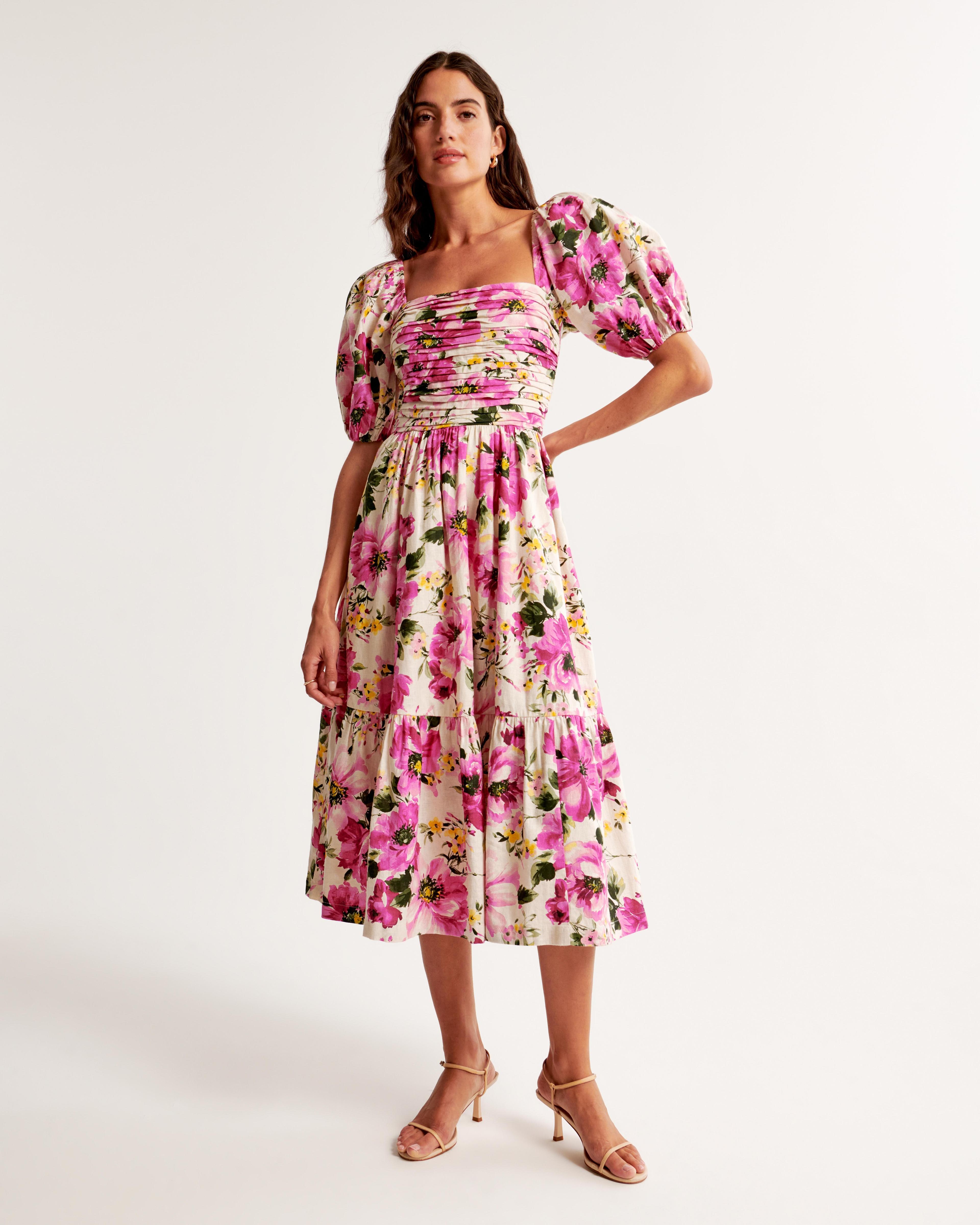 The A&F Emerson Linen-Blend Puff Sleeve Midi Dress Product Image