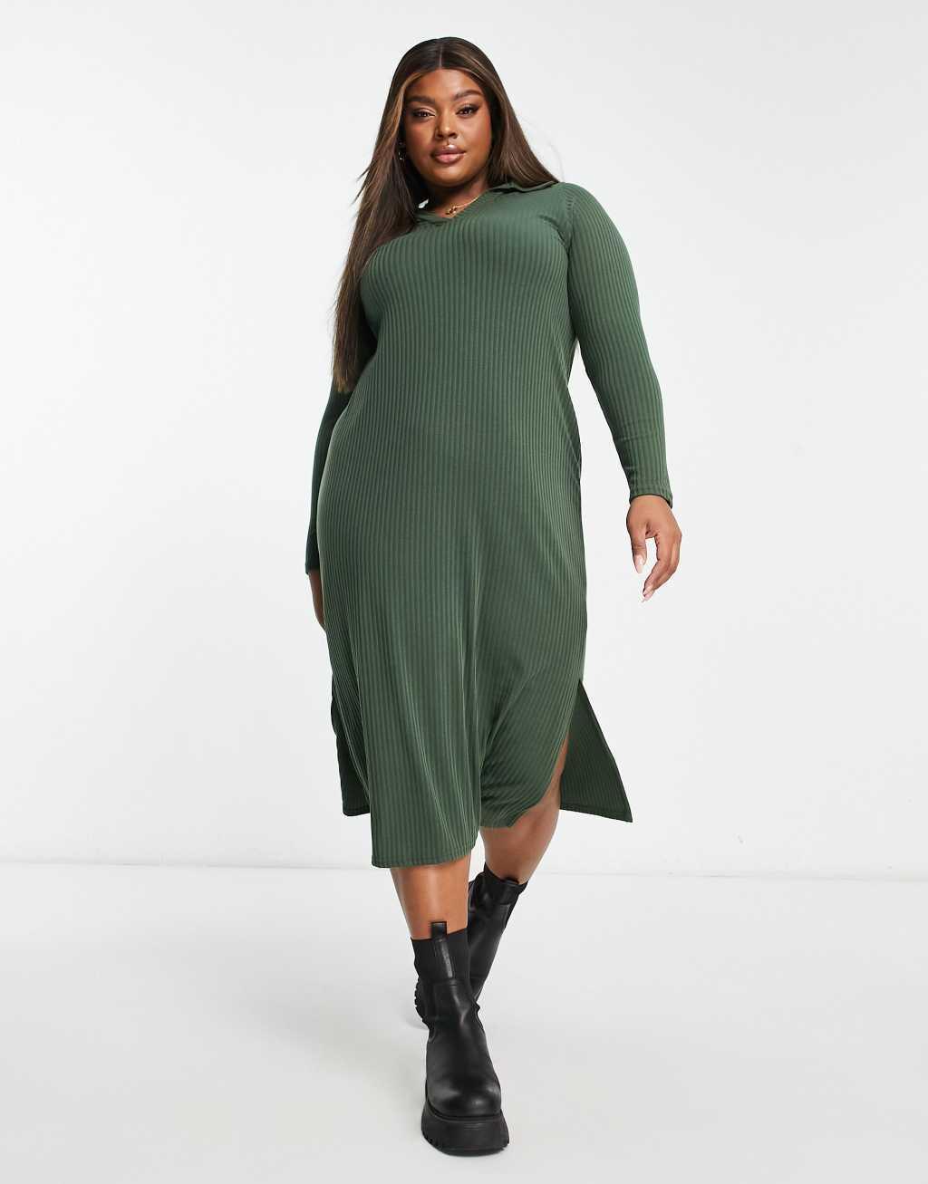 Yours ribbed collared midi dress in khaki product image