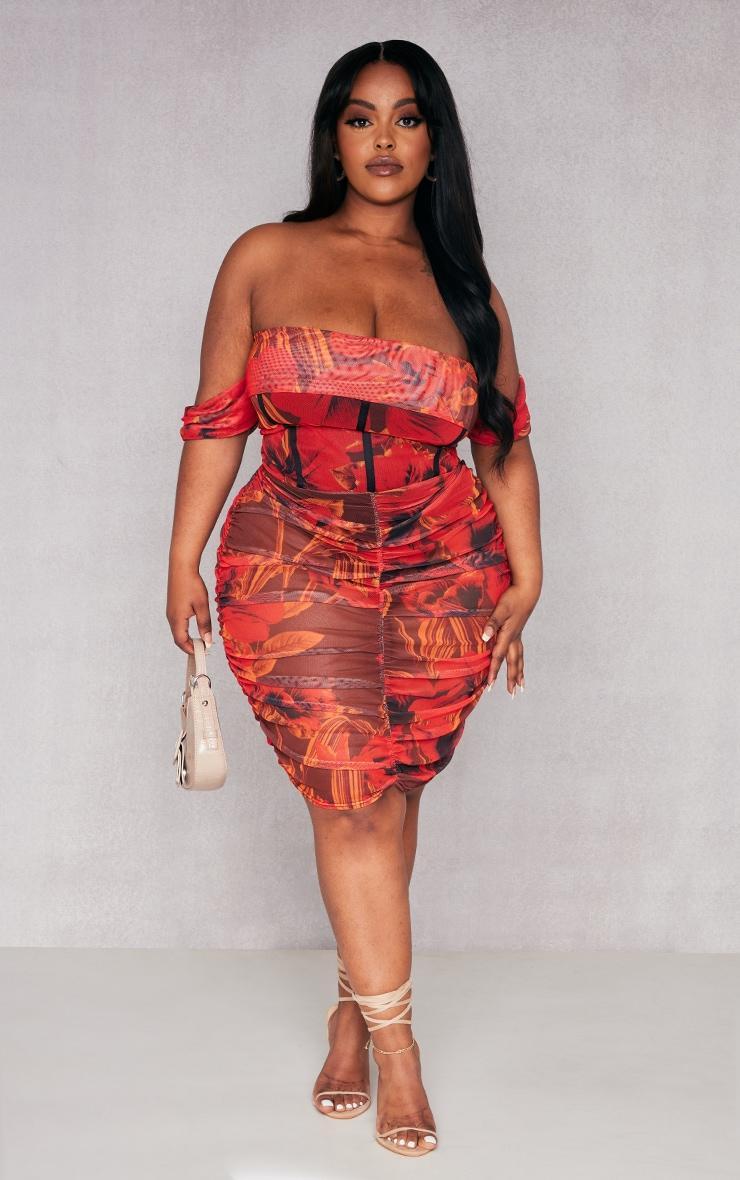 Plus Red Floral Printed Mesh Bardot Bodycon Dress Product Image