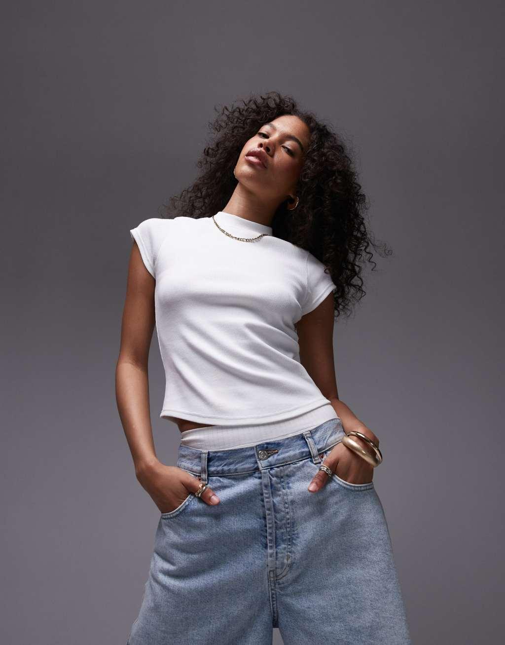 Topshop rib curve hem fitted tee in white product image