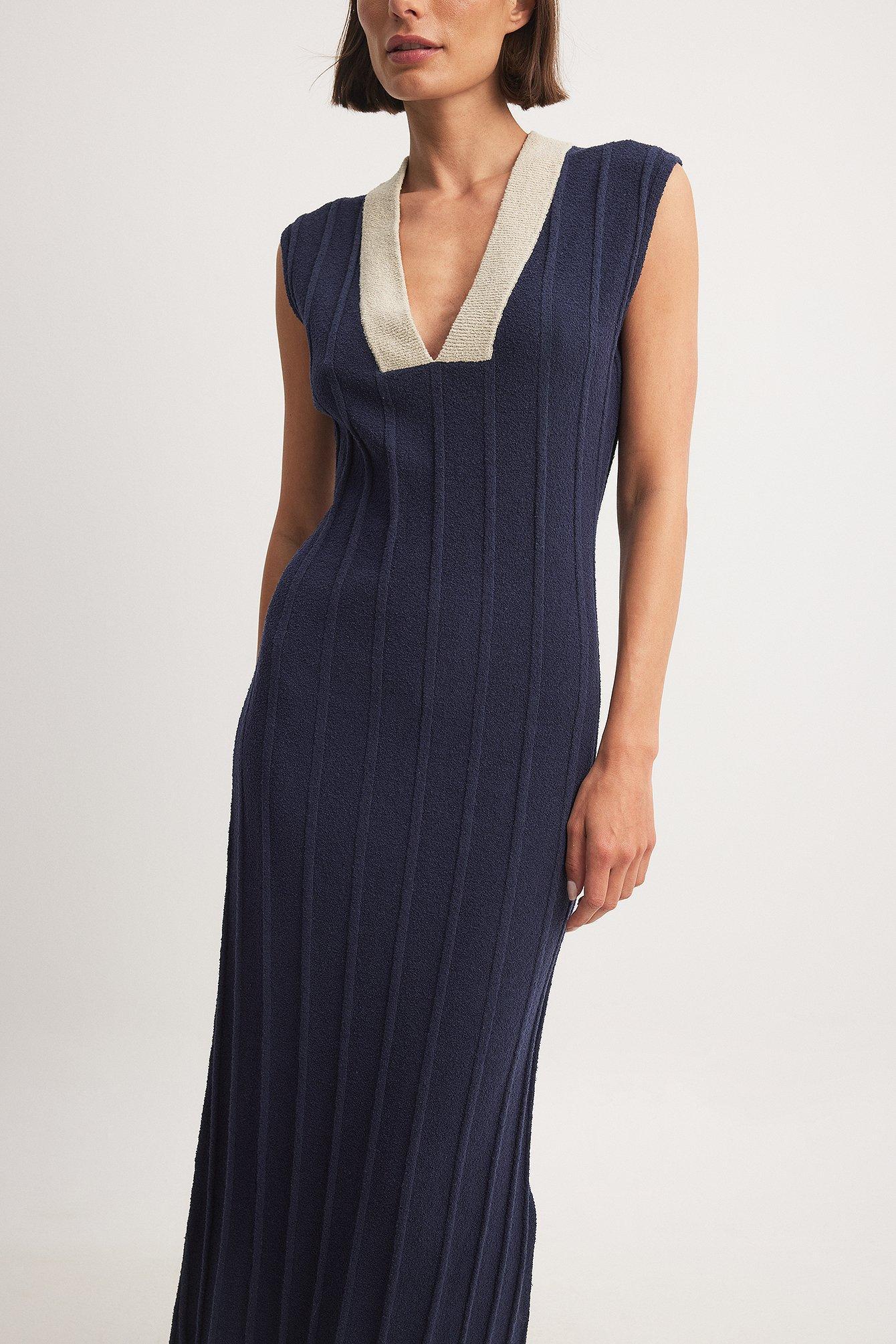 Ribbed Knitted V-neck Midi Dress Product Image