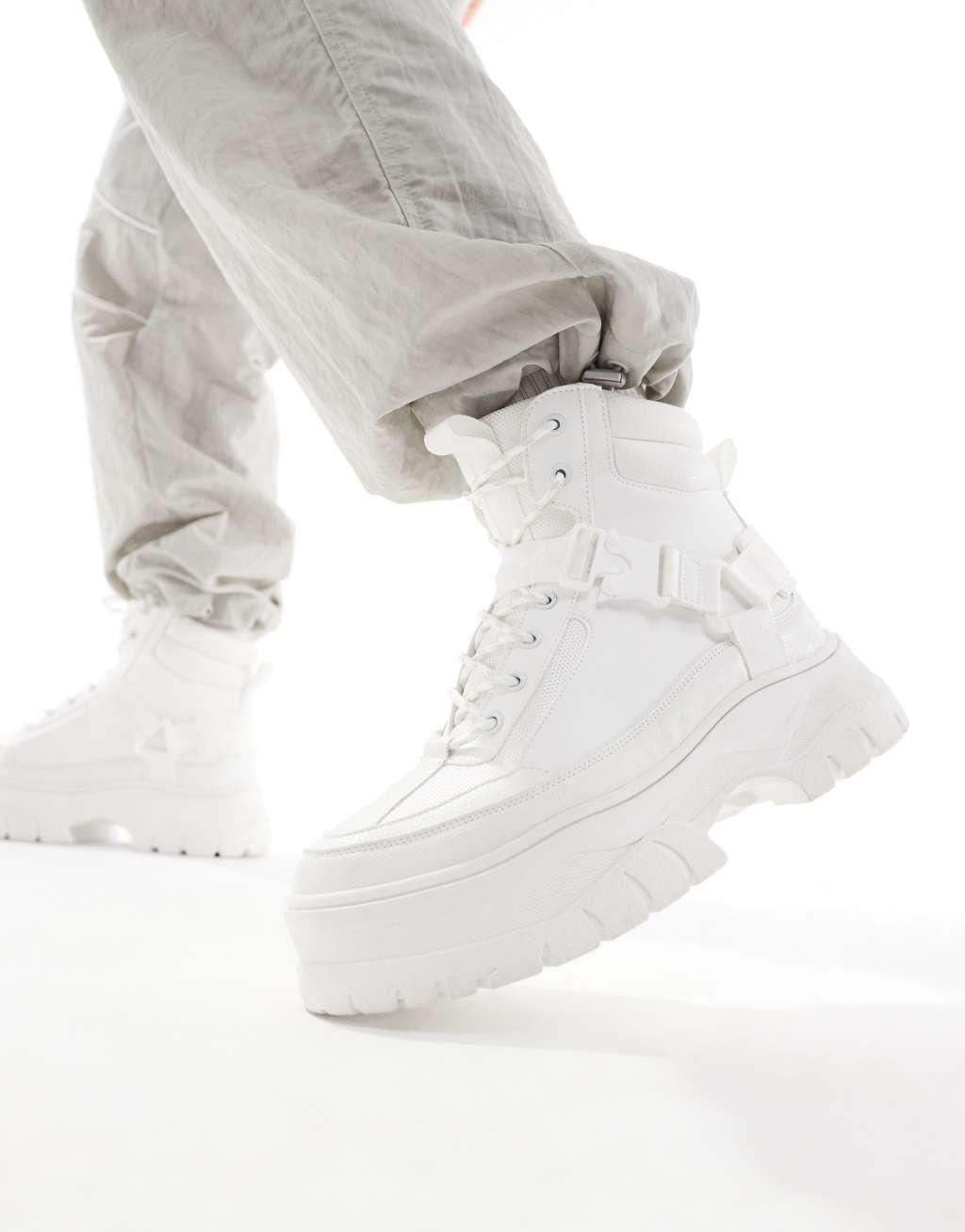 ASOS DESIGN lace up worker boots in white with chunky sole and straps Product Image