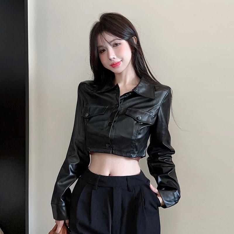 Plain Faux Leather Single-Breasted Jacket / Cropped Camisole Top Product Image