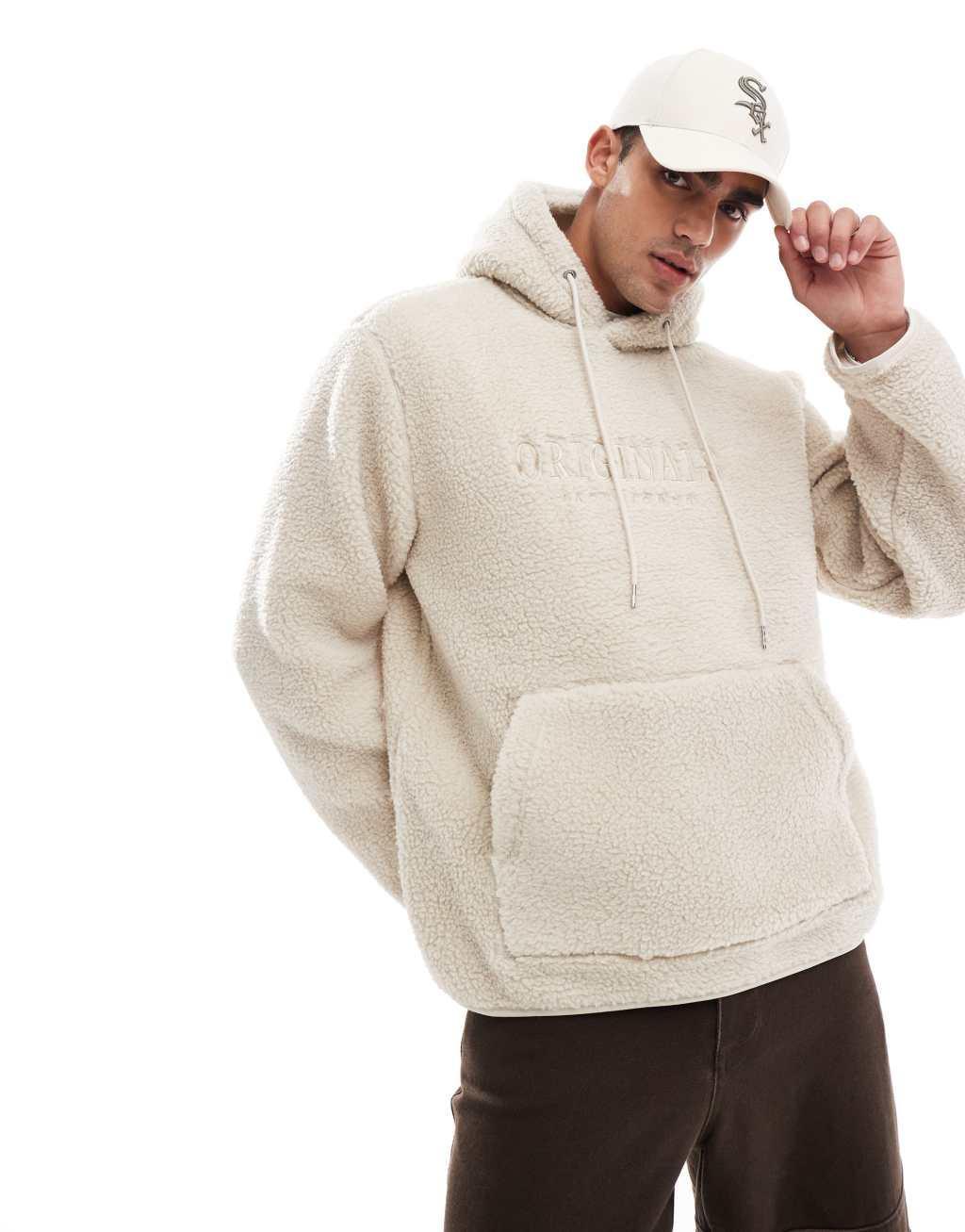 Jack & Jones oversized teddy hoodie with embroidered logo in beige Product Image