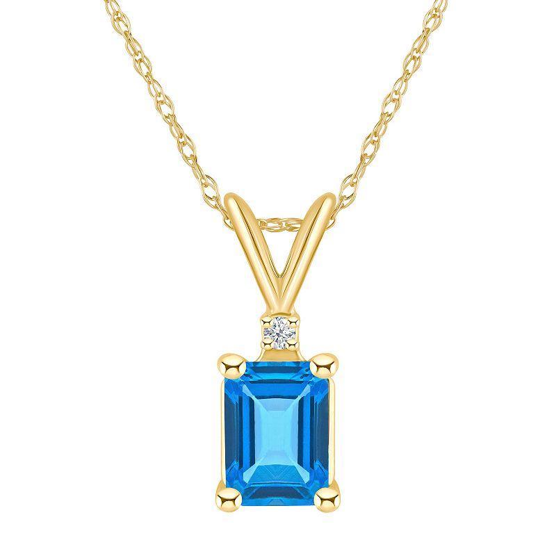 Celebration Gems 14k Gold Emerald Cut Swiss Blue Topaz & Diamond Accent Pendant Necklace, Womens Product Image