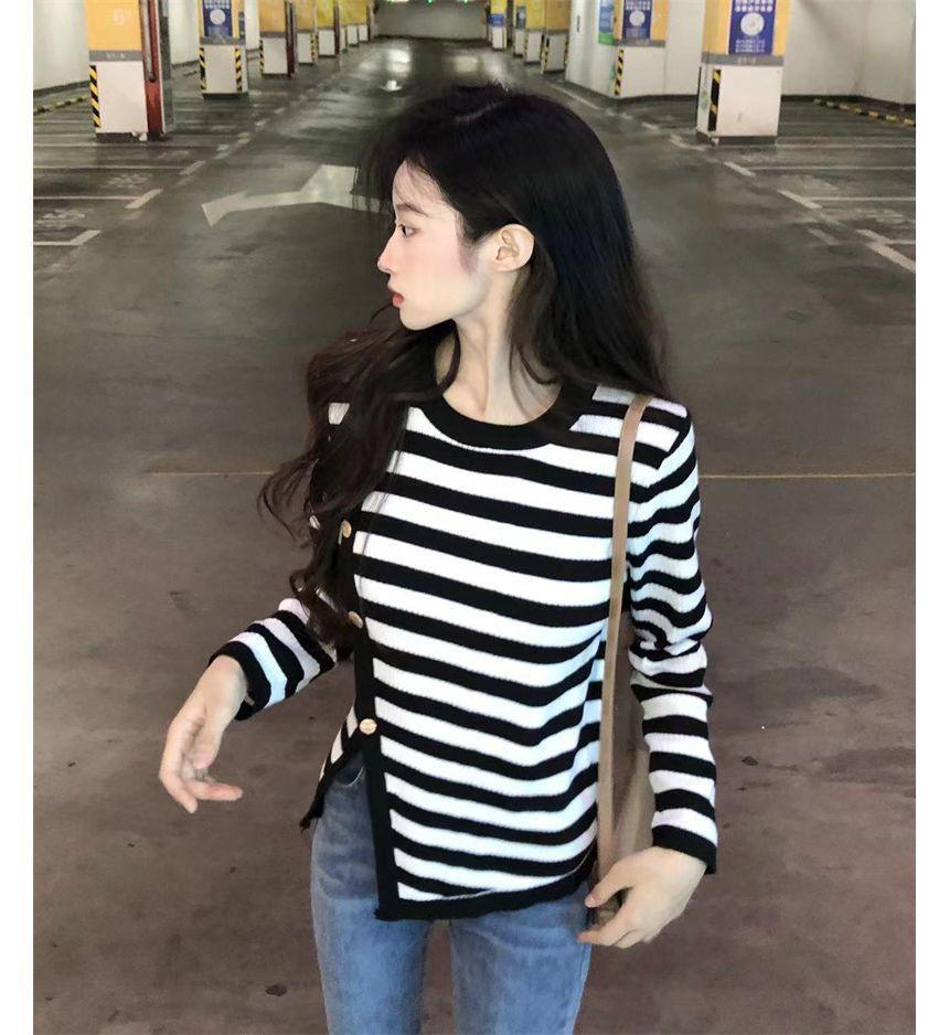 Long-Sleeve Irregular Button-Up Striped Knit Top Product Image