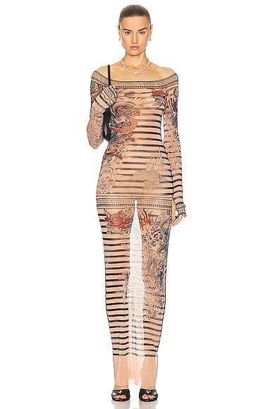 Jean Paul Gaultier Printed Mariniere Tattoo Long Boat Neck Dress in Nude Product Image