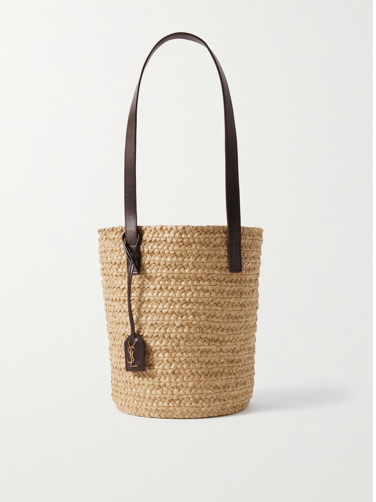 SAINT LAURENT Panier Small Leather-trimmed Raffia Tote In Brown Product Image