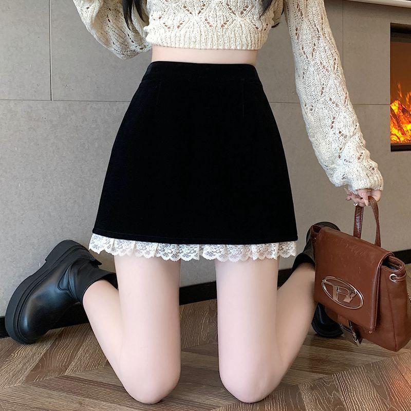 High Rise Lace Trim Mini A-Line Skirt Product Image