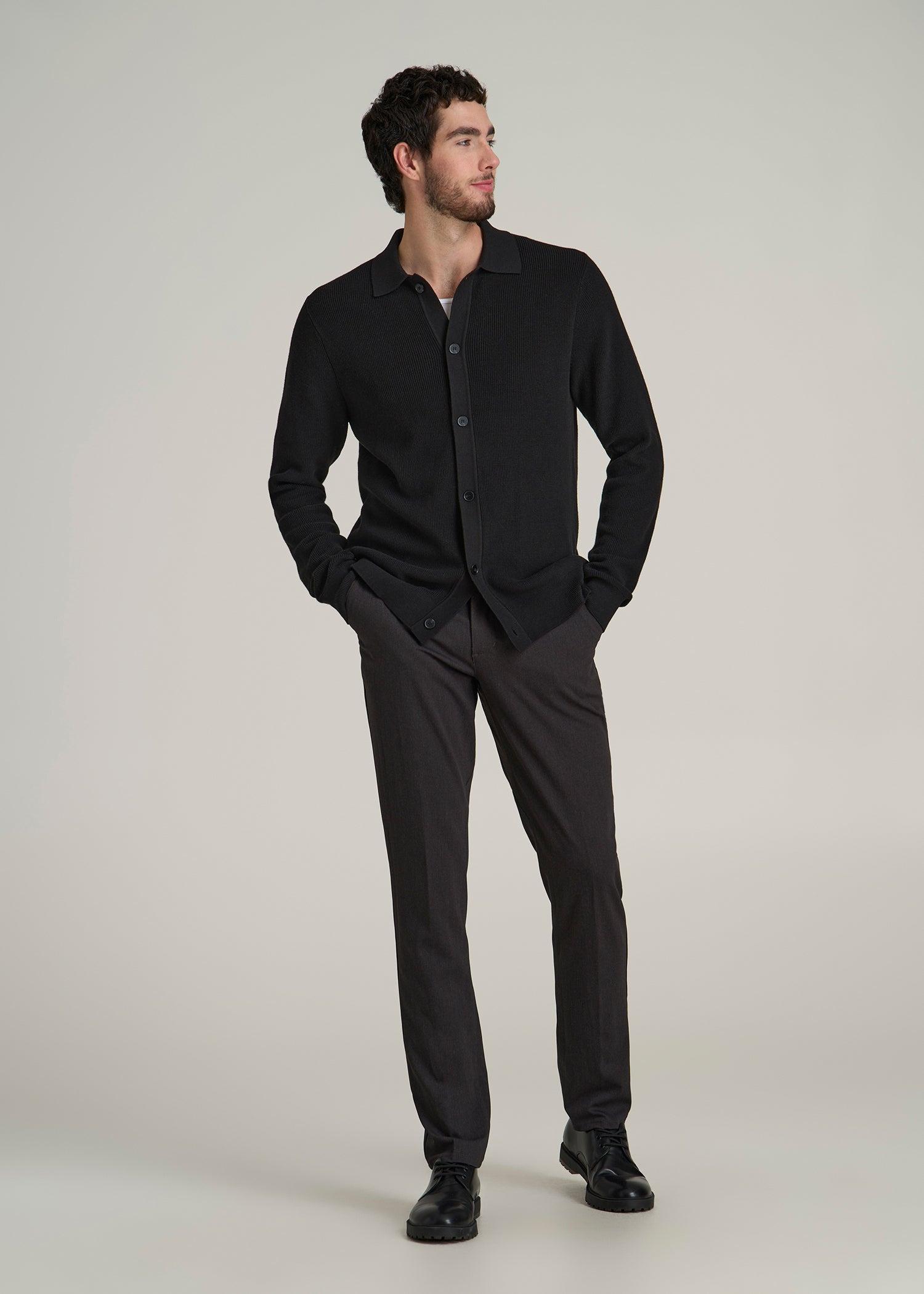 Sweater Polo Cardigan for Tall Men in Black Product Image