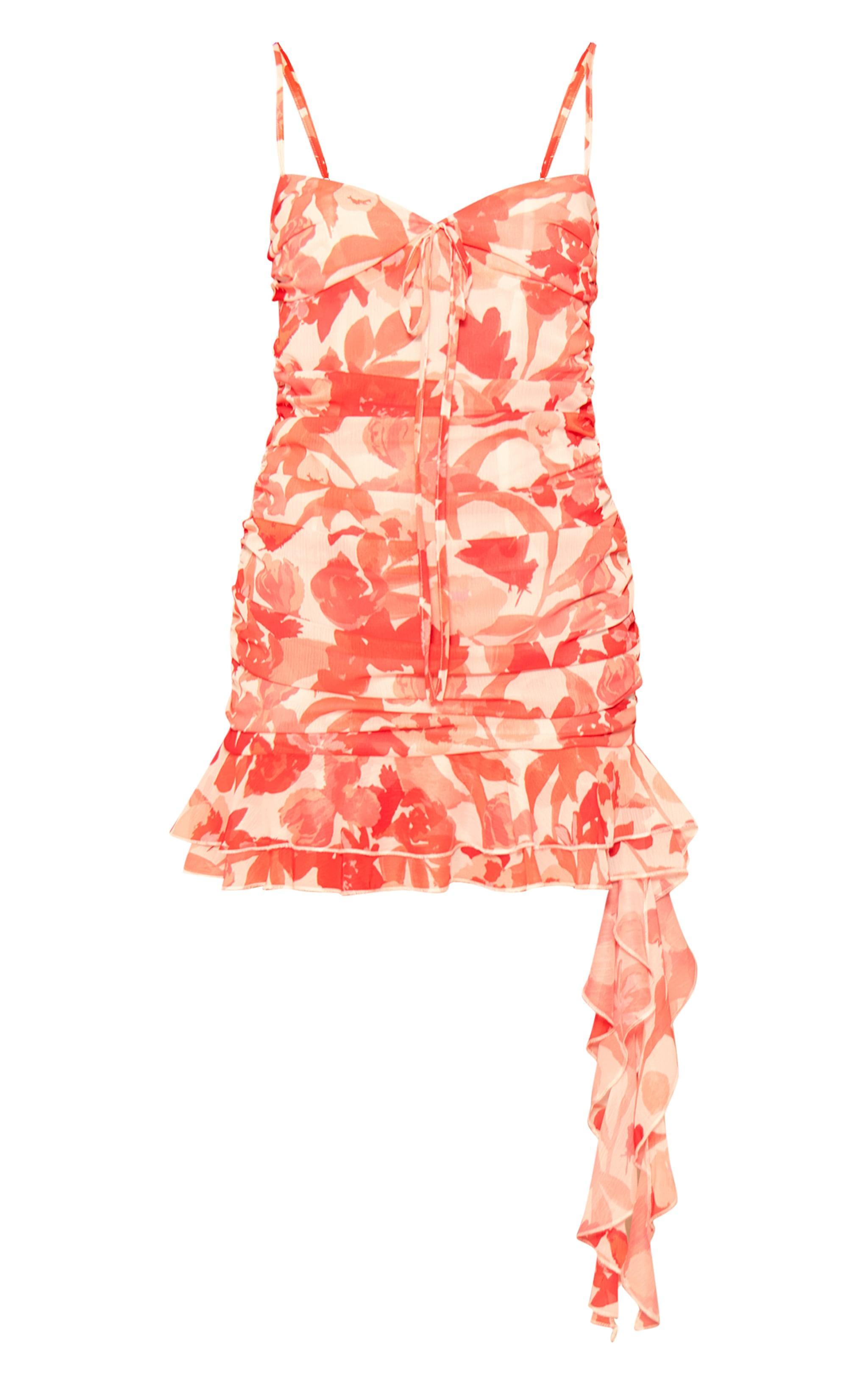 Pink Floral Printed Chiffon Ruched Bodycon Dress Product Image