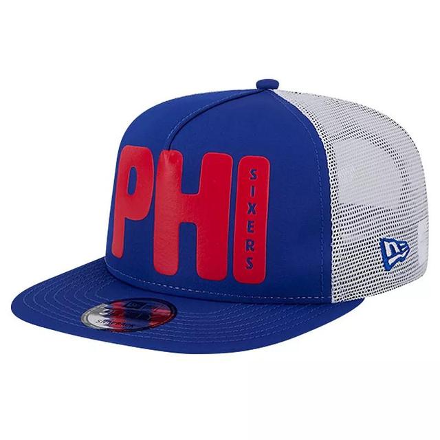 Mens New Era Royal Philadelphia 76ers Puff Print Team Code A-Frame 9FIFTY Trucker Snapback Hat Product Image