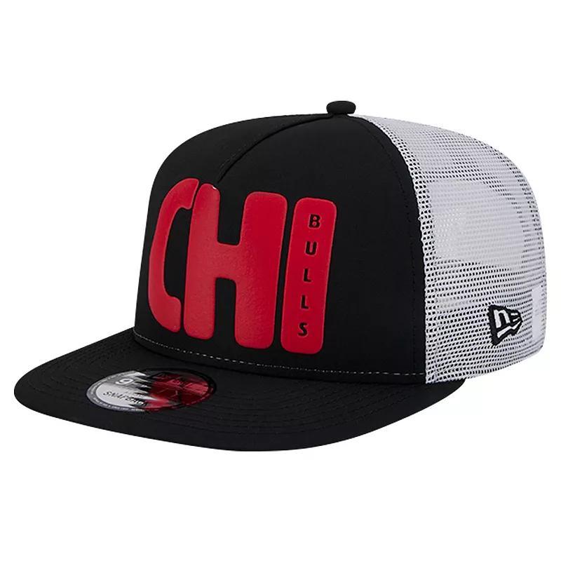 Mens New Era Chicago Bulls Puff Print Team Code A-Frame 9FIFTY Trucker Snapback Hat Product Image