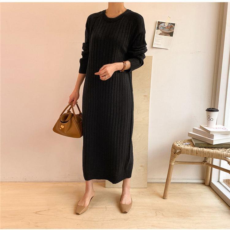 Long Sleeve Crew Neck Plain Ribbed Knit Bodycon Midi Sweater Dress Product Image