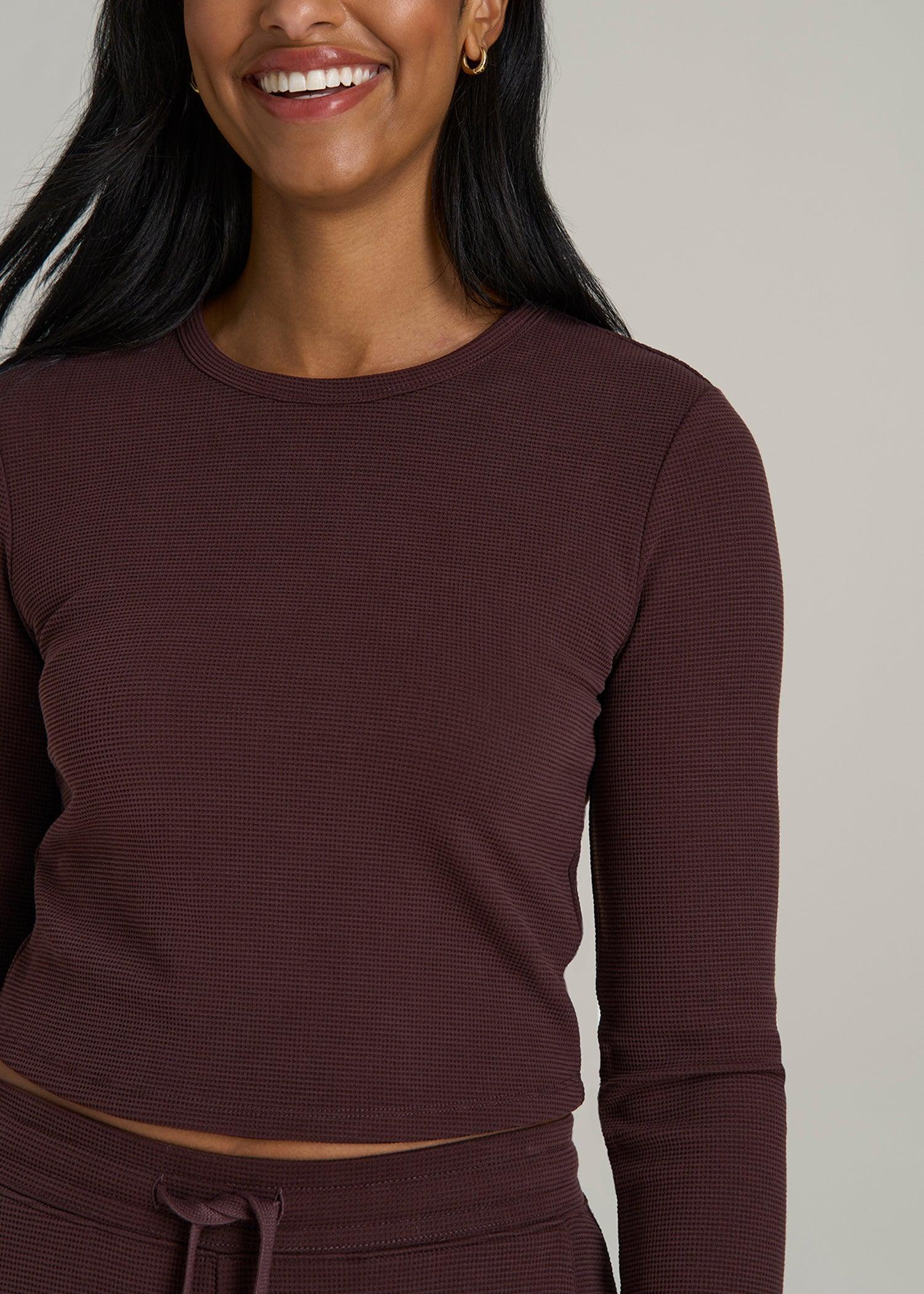 Cropped Long Sleeve Waffle Shirt for Tall Women in Oxblood Female Product Image